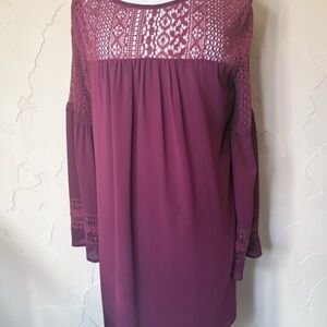 Entro Womens Burgundy Crochet Bell Sleeve Boho Loose Fit Dress Sz Medium